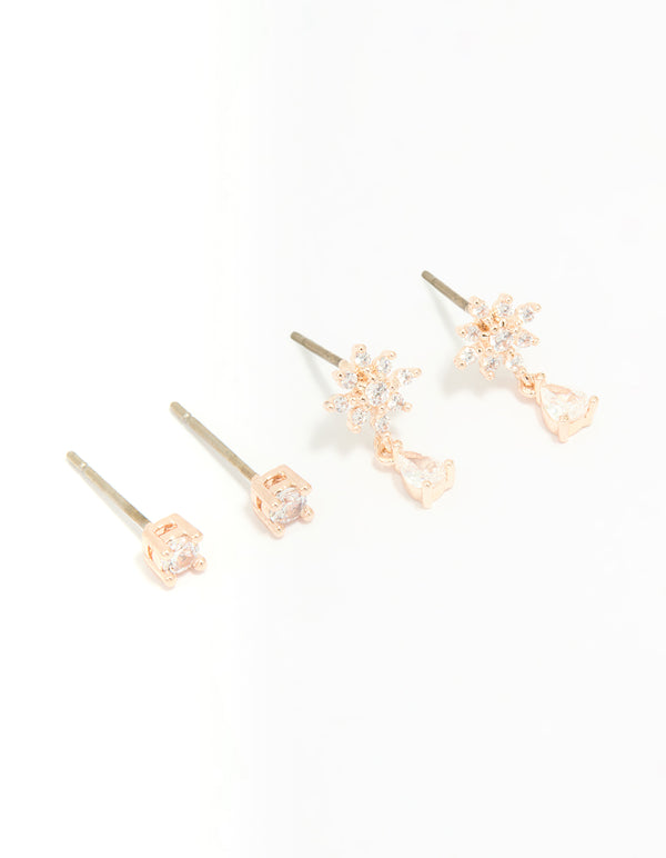 Rose Gold Plated Cubic Zirconia Flower & Classic Stud Earrings 2-Pack