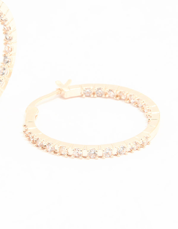 Rose Gold Plated Cubic Zirconia Large Skinny Hoop Earrings
