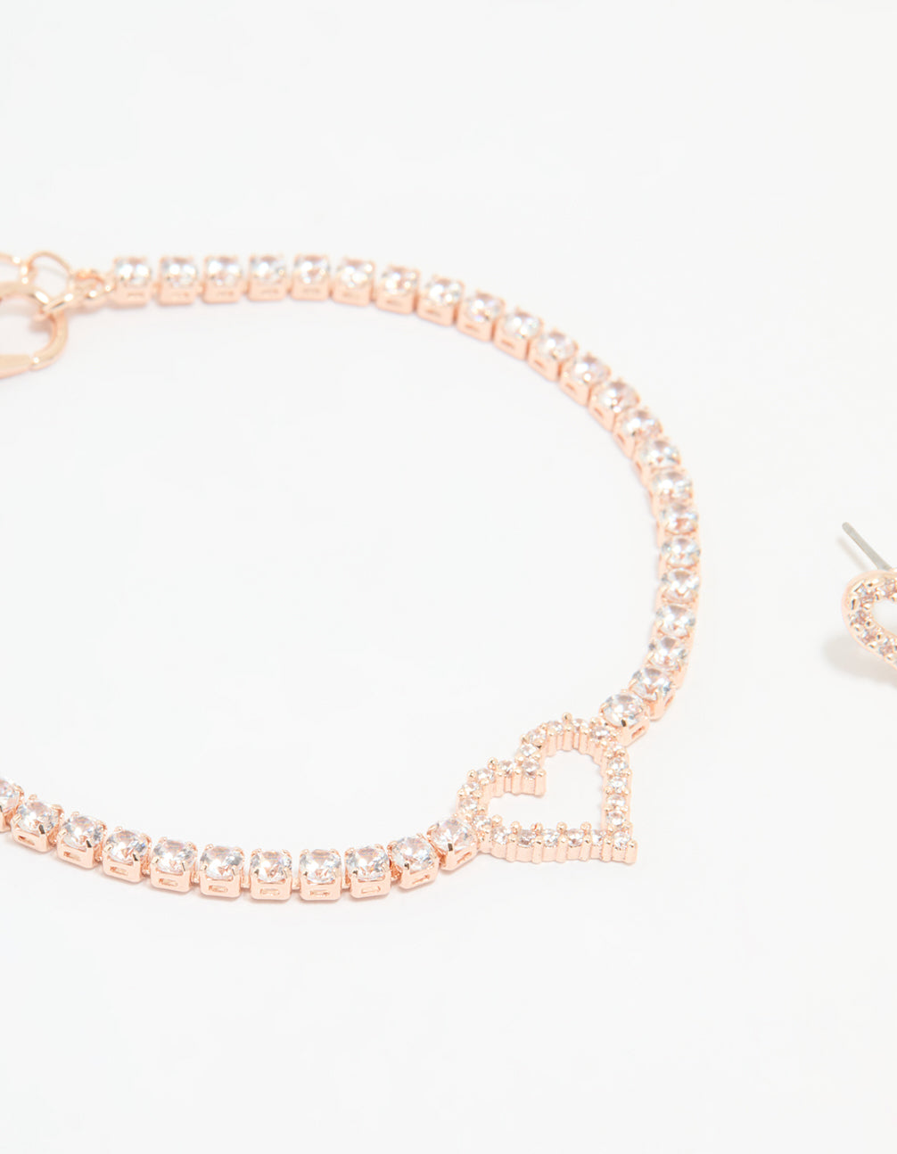 Rose Gold Plated Cubic Zirconia Heart Outline Tennis Bracelet & Earrings Set