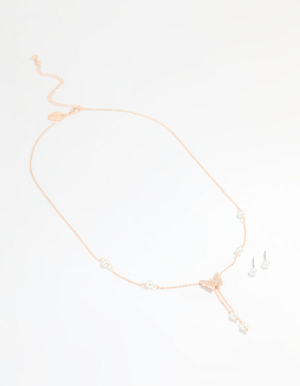 Rose Gold Plated Cubic Zirconia Butterfly & Pearl Necklace & Earrings Set