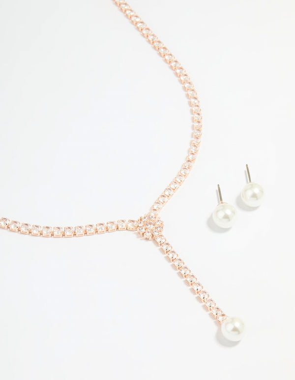 Rose Gold Plated Pearl & Cubic Zirconia Flower Y-Necklace & Earrings Set