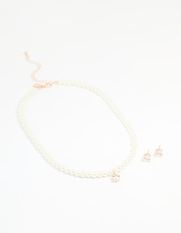 Rose Gold Plated Pearl & Cubic Zirconia Drop Necklace & Earrings Set