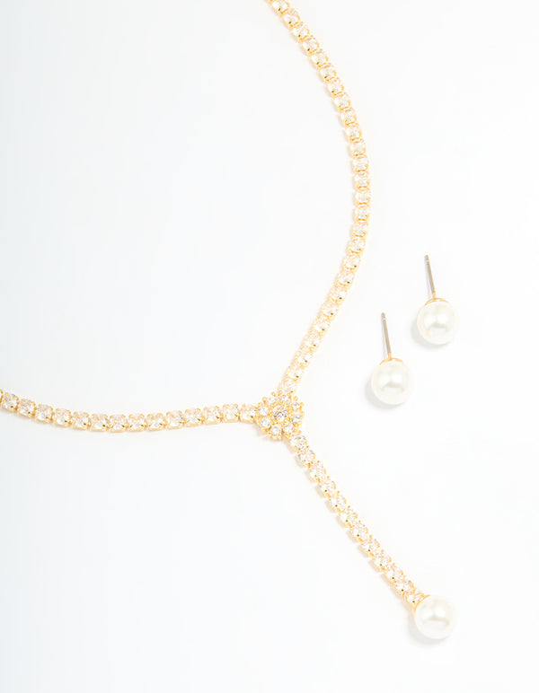 Gold Plated Pearl Flower Cubic Zirconia Y-Necklace & Earrings Set