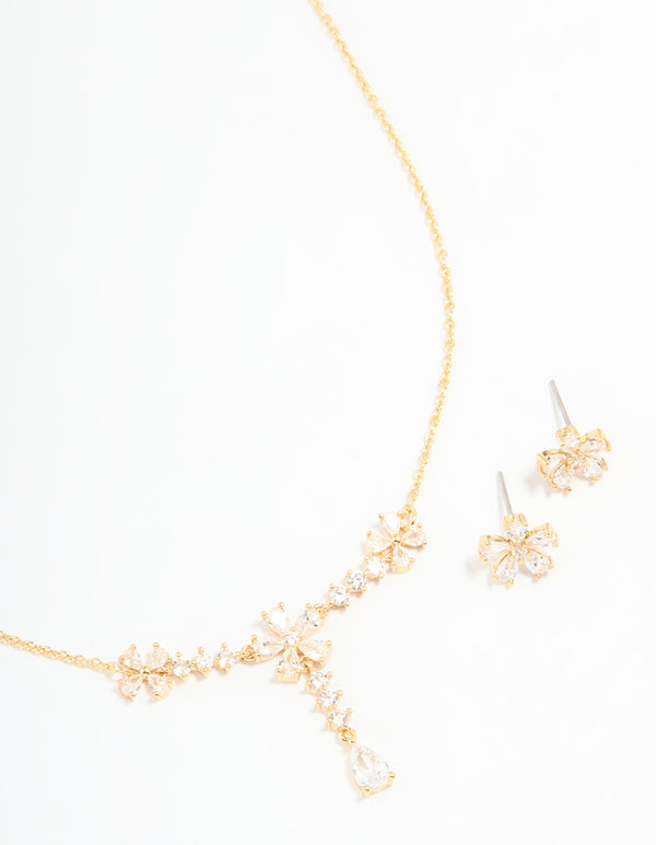 Gold Plated Cubic Zirconia Flower Drop Necklace & Earrings Set