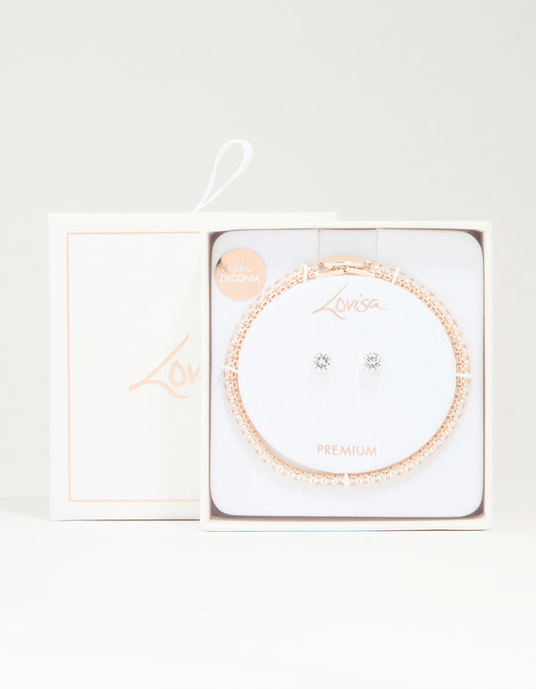 Rose Gold Plated Cubic Zirconia Tennis Bracelet & Earrings Set