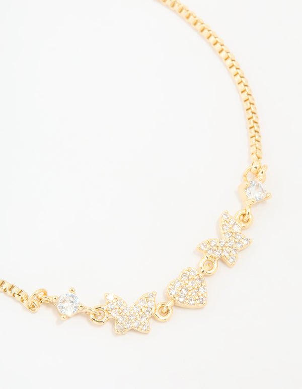 Gold Plated Cubic Zirconia Butterfly & Heart Toggle Bracelet