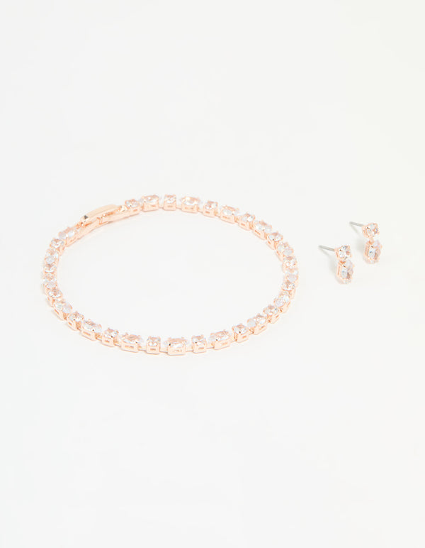 Rose Gold Plated Cubic Zirconia Tennis Bracelet & Drop Earrings Set