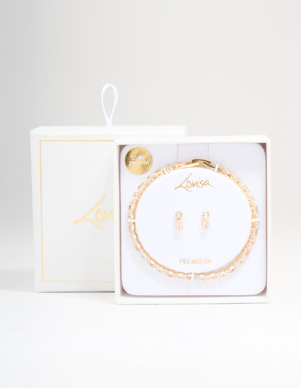 Gold Plated Cubic Zirconia Marquise Stretch Tennis Bracelet & Earrings Set