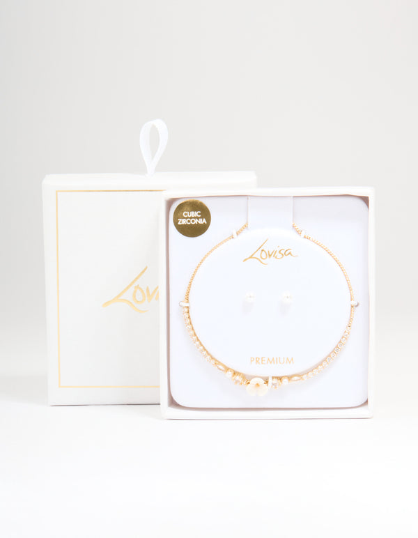 Gold Plated Cubic Zirconia Acrylic Flower Toggle Bracelet & Earrings Set