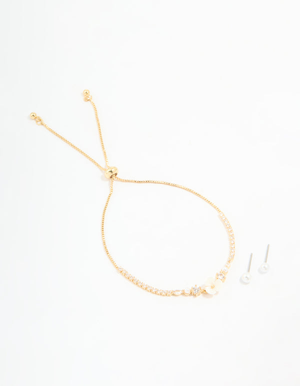 Gold Plated Cubic Zirconia Acrylic Flower Toggle Bracelet & Earrings Set