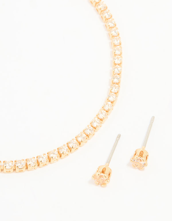 Gold Plated Cubic Zirconia Small Tennis Bracelet & Earrings Set