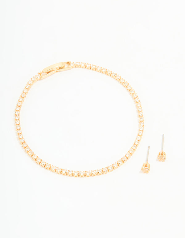 Gold Plated Cubic Zirconia Small Tennis Bracelet & Earrings Set