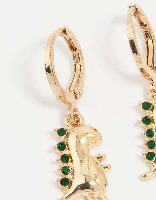 Gold Diamante Dinosaur Huggie Earrings
