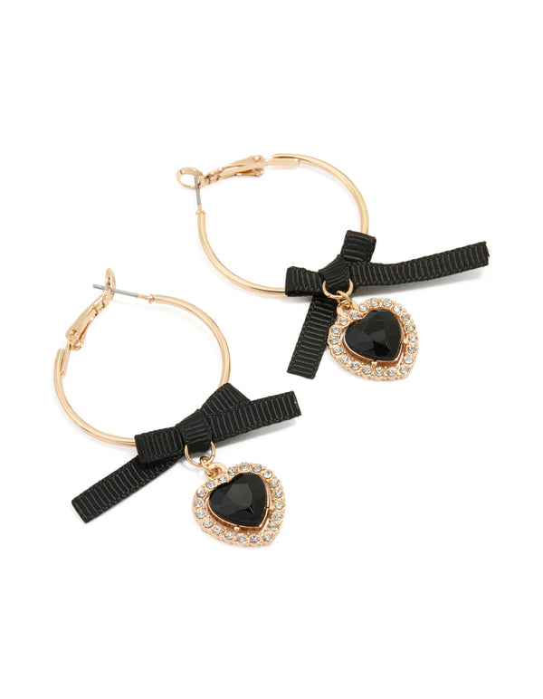 Gold Black Diamante Bow & Heart Drop Earrings