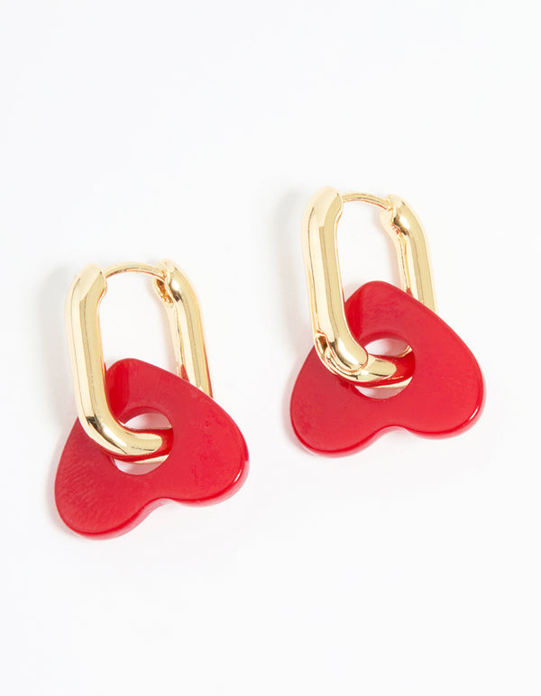 Gold Red Acrylic Heart Hoop Earrings