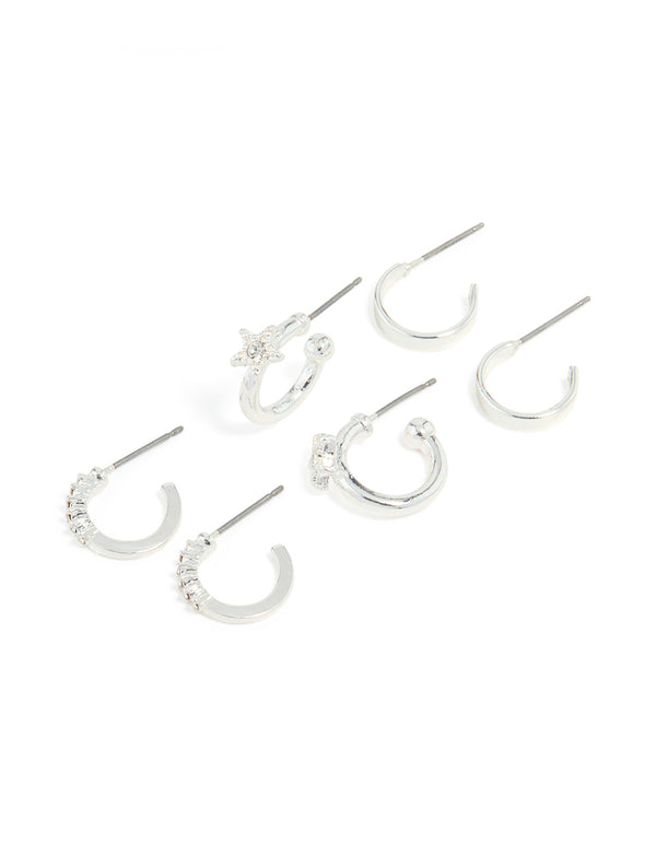 Silver Diamante Star & Smooth Hoop Earrings 3-Pack