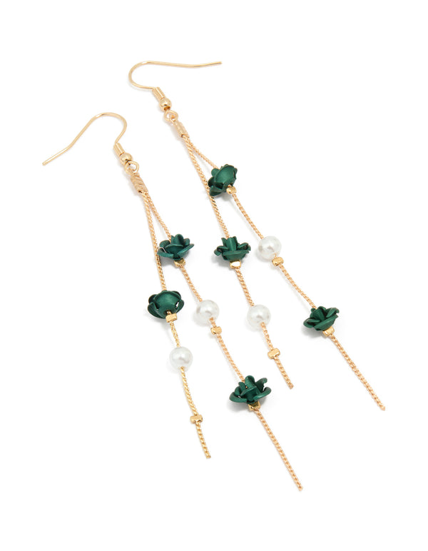Gold Pearl & Black Rose Chain Drop Earrings
