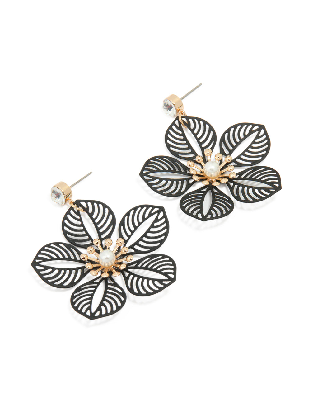 Gold Diamante Pearl Black Filigree Flower Drop Earrings