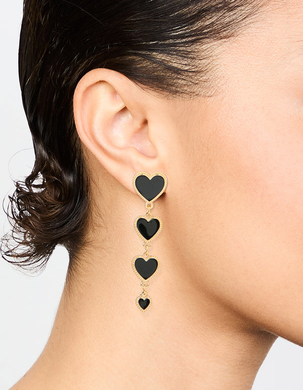 Gold Black Heart Tiered Drop Earrings