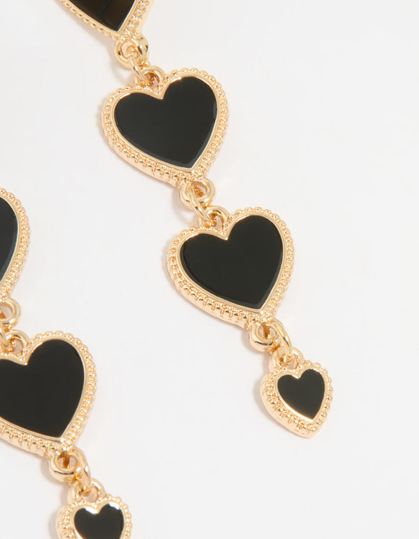 Gold Black Heart Tiered Drop Earrings
