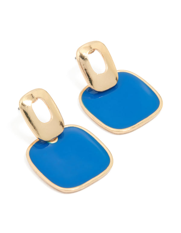 Gold Blue Rectangle Tiered Drop Stud Earrings