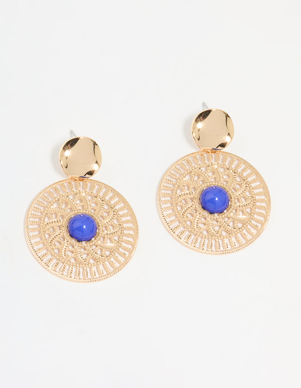 Gold Filigree & Blue Marble Center Drop Earrings