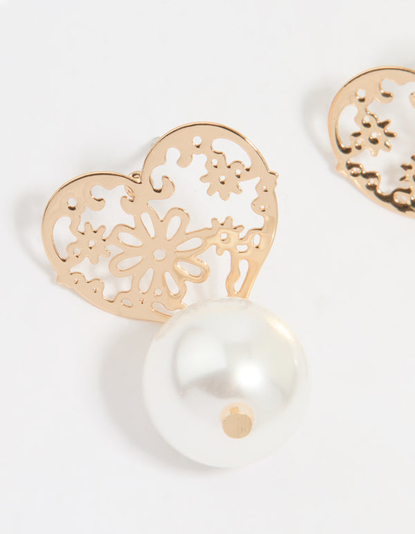 Gold Pearl Textured Heart Drop Earrings