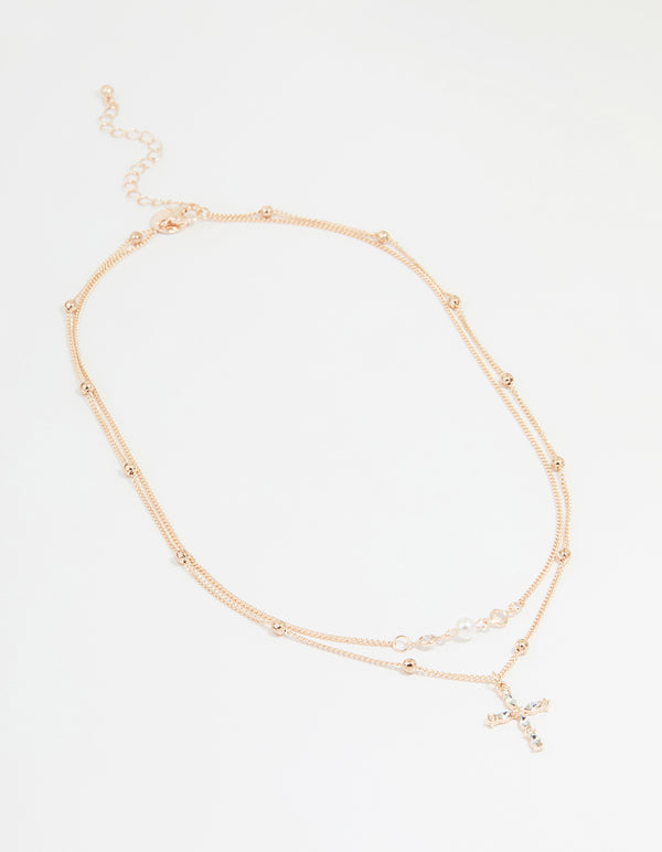 Rose Gold Beaded Diamante Cross Layered Necklace