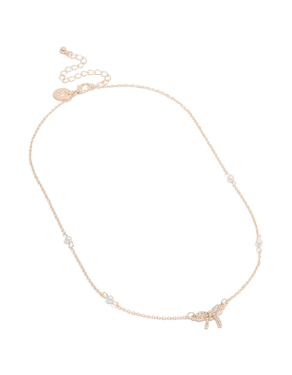 Rose Gold Pearl Diamante Bow Station Necklace