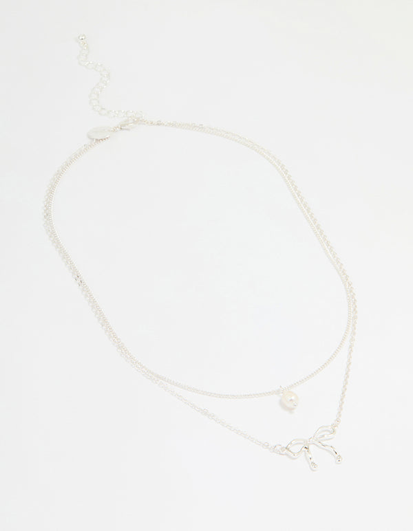 Silver Pearl & Bow Layered Necklace