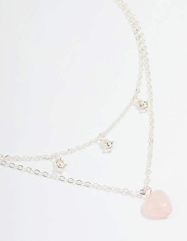 Silver Diamante & Pink Stone Heart Layered Necklace