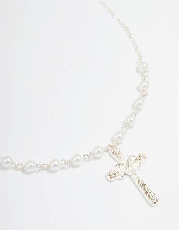 Silver Pearl Diamante Cross Pendant Necklace