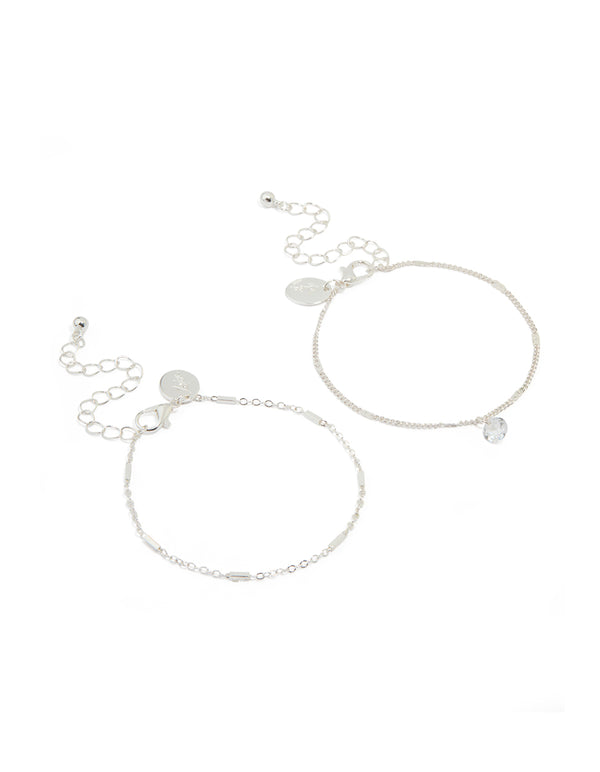 Silver Cubic Zirconia Drop & Chain Bracelets 2-Pack