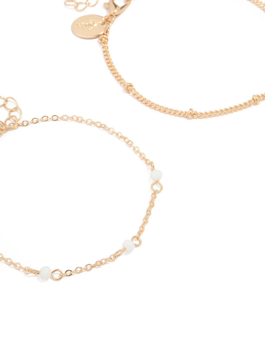 Gold White Stone & Heart Charm Bracelets 2-Pack
