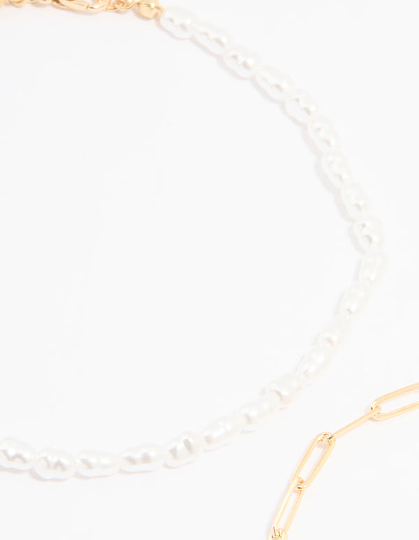 Gold Pearl & Sun Charm Anklet 3-Pack
