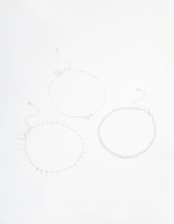 Silver Turquoise Beaded & Spiral Circle Anklets 3-Pack