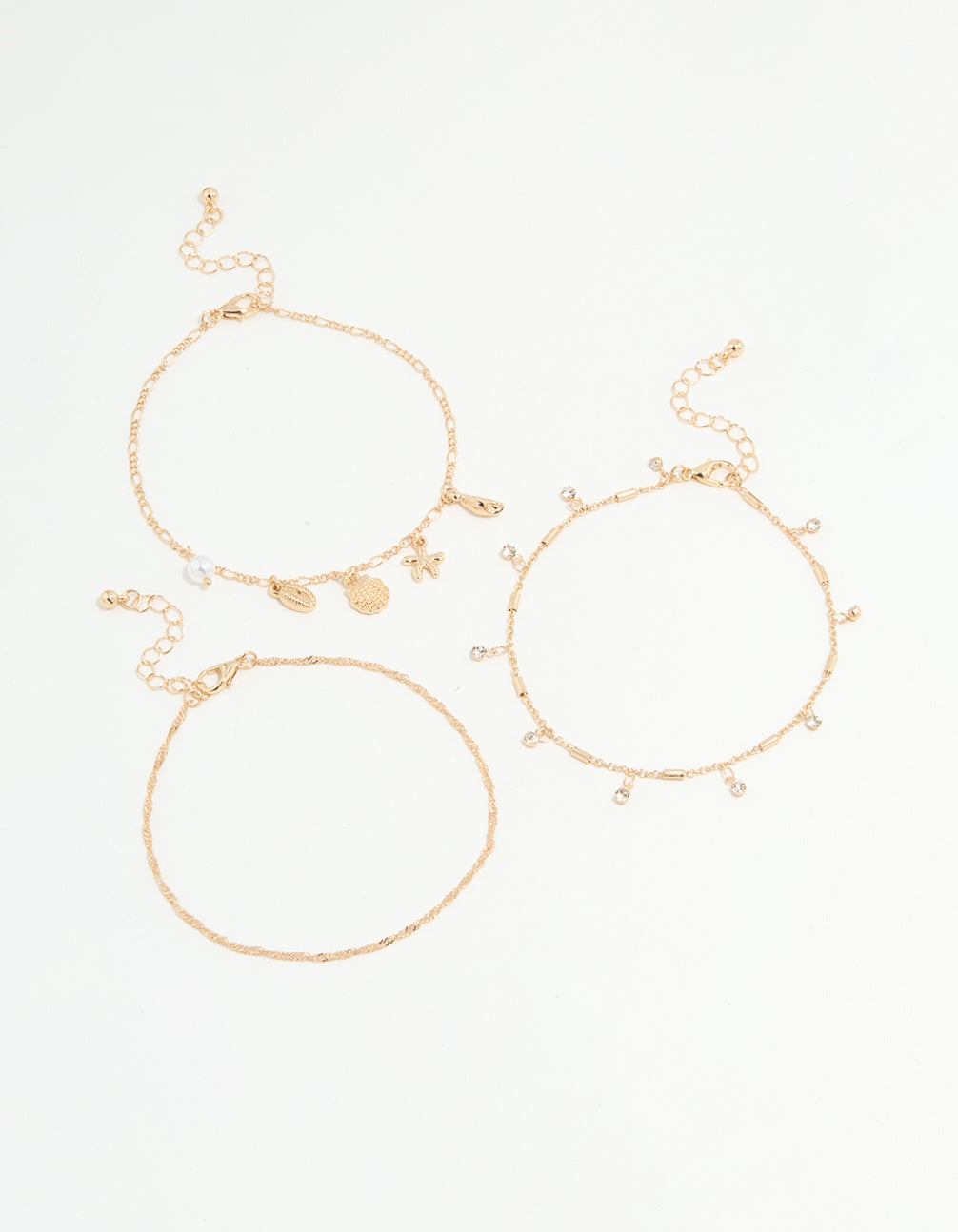 Gold Diamante & Ocean Charm Anklets 3-Pack