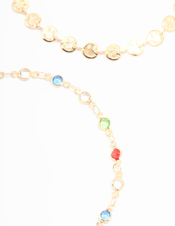 Gold Rainbow Stone & Chain Anklets 3-Pack
