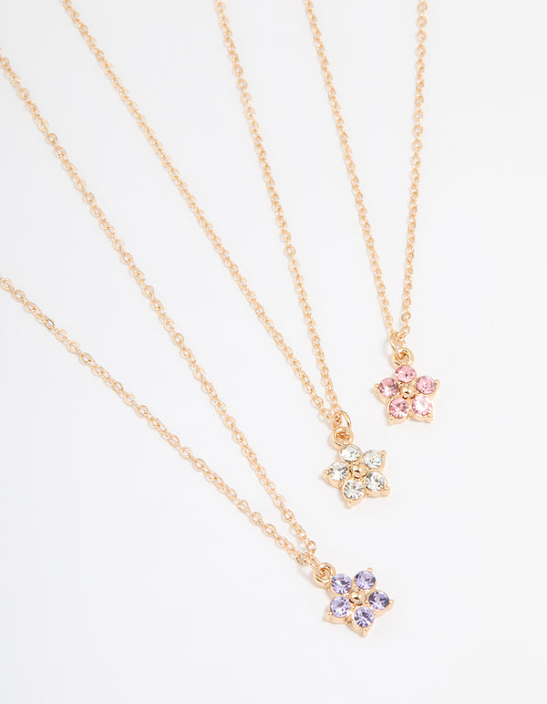 Gold Diamante Flower Necklaces 3-Pack