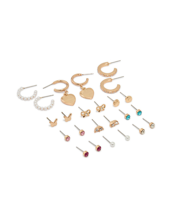 Gold Heart & Bow Stud & Hoop Earrings 12-Pack