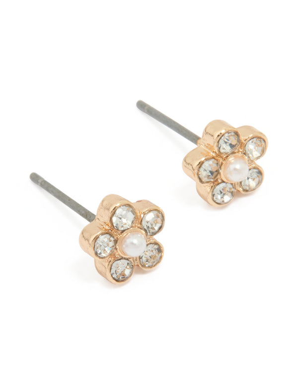 Gold Diamante Pearl Flower Stud Earrings