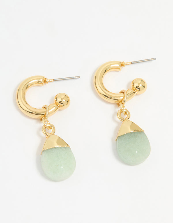 Gold Plated Green Semi Precious Stone Oval Hoop Earrings
