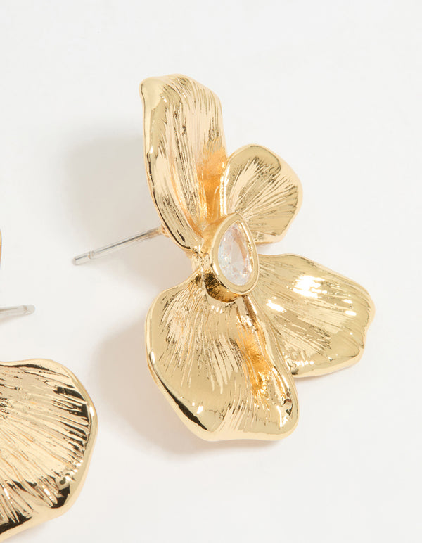 Gold Plated Cubic Zirconia Half Textured Flower Earrings