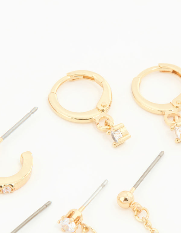 Gold Plated Cubic Zirconia Dainty Chain & Huggie Earrings 4-Pack