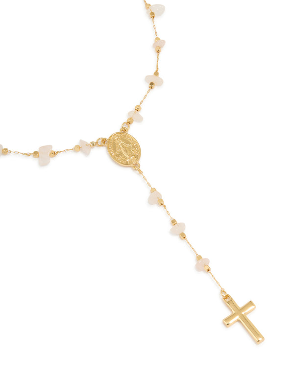 Gold Plated Rose Quartz Semi Precious Stone Lariat Y-Necklace