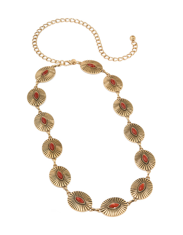 Antique Gold Red Oval Gem Western Belt