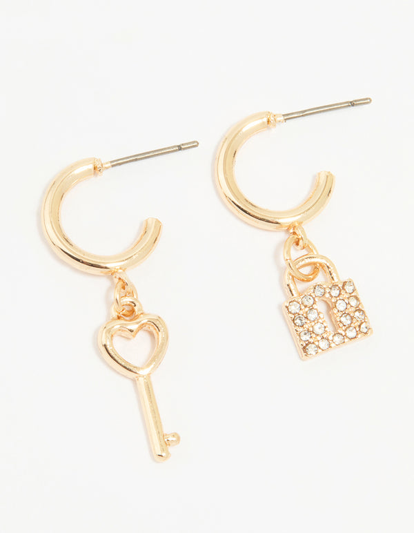 Gold Lock & Key Huggie Drop Earrings