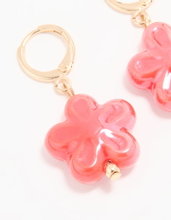 Gold Pink Flower Huggie Drop Earrings