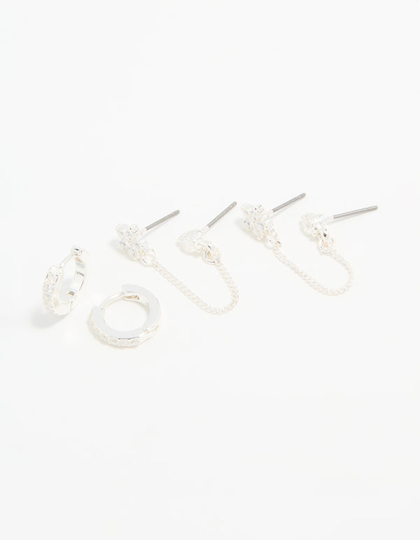 Silver Cubic Zirconia Chain Flower Chain & Huggie Earrings 3-Pack