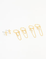 Gold Cubic Zirconia Loop Chain Cross Earrings 3-Pack
